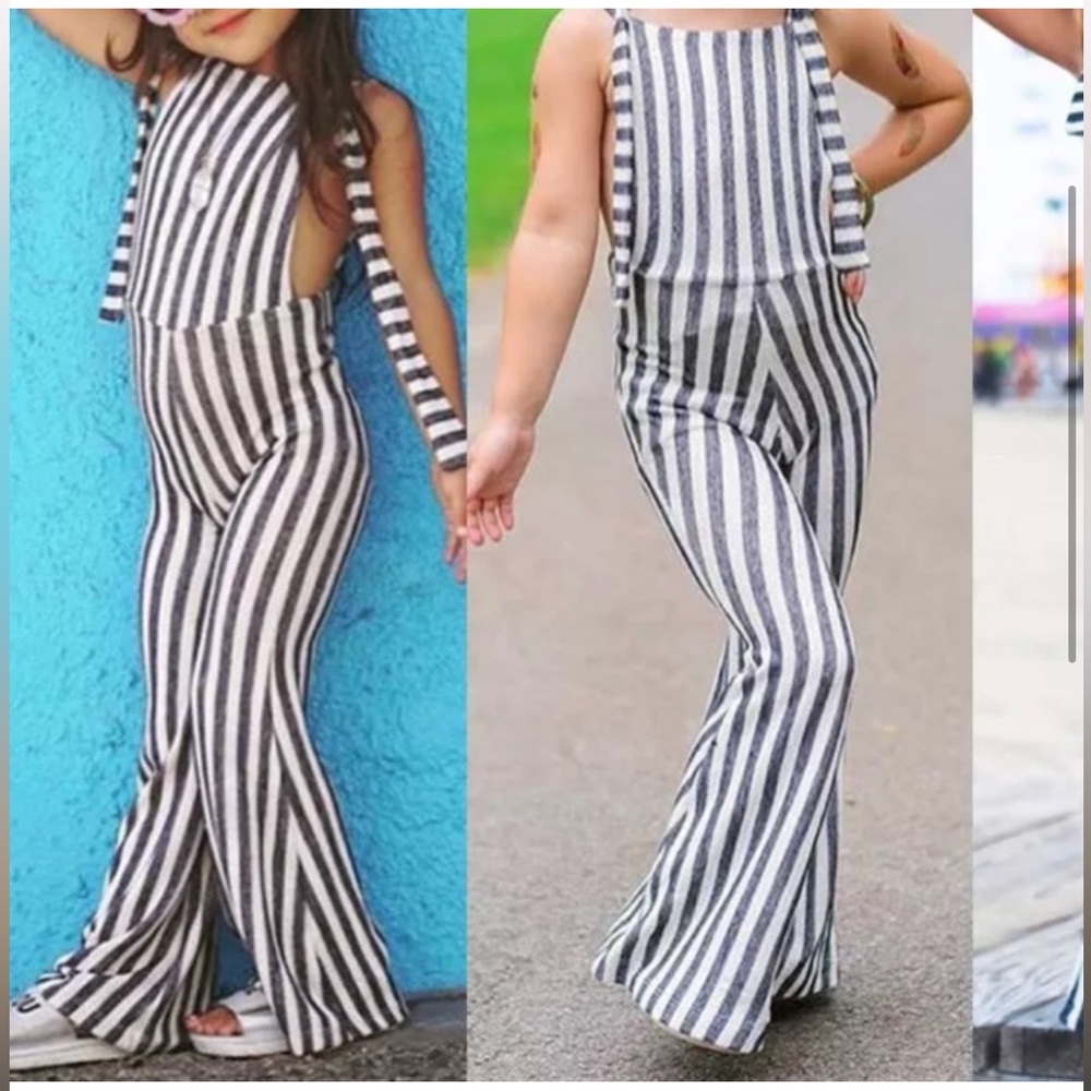 Pink cream Bell bottom jumpsuit romper overalls striped jumper flared pants kids - Picture 2 of 7